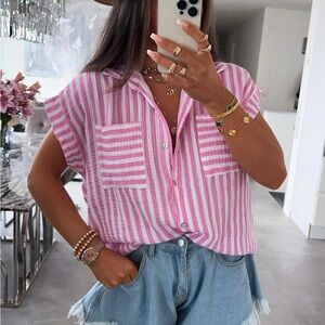 Catwalk “Brina” Striped Cotton Gauze Shirt – Pink – NWT